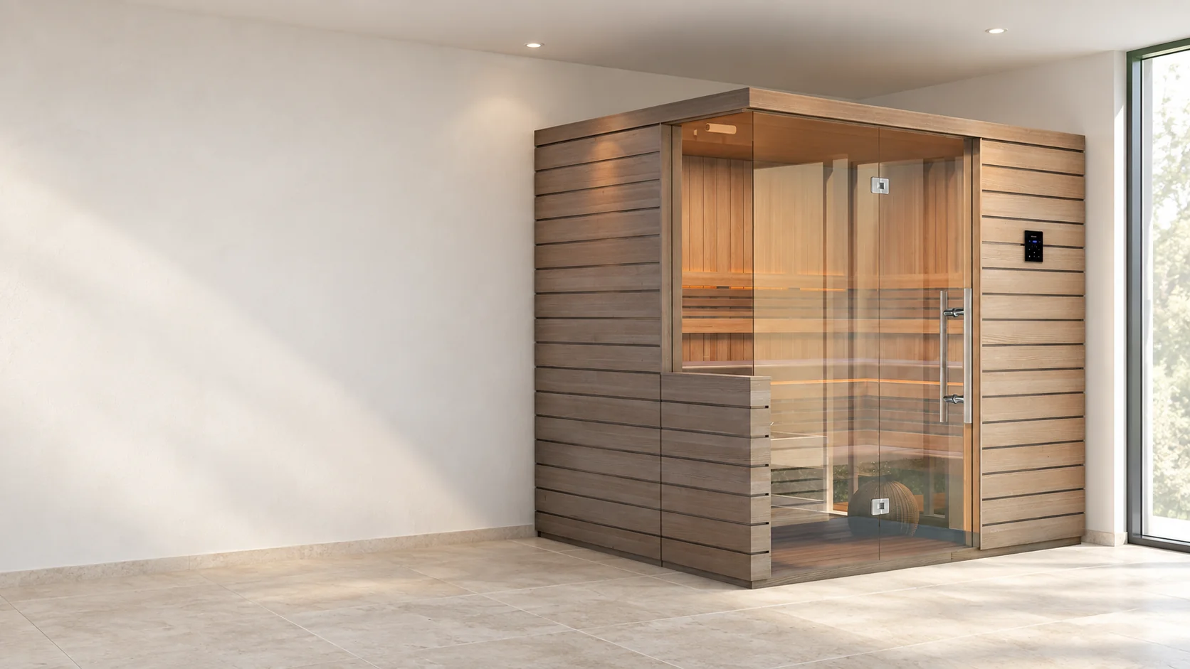 Finnleo Twilight sauna in an illustrative enclosed indoor wellness room