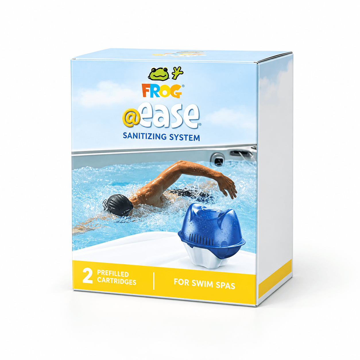 FROG @ease for Swim Spas – Floating Sanitizing System Kit with Kick-It (Up to 3,000 Gallons) in a reference-based product illustration