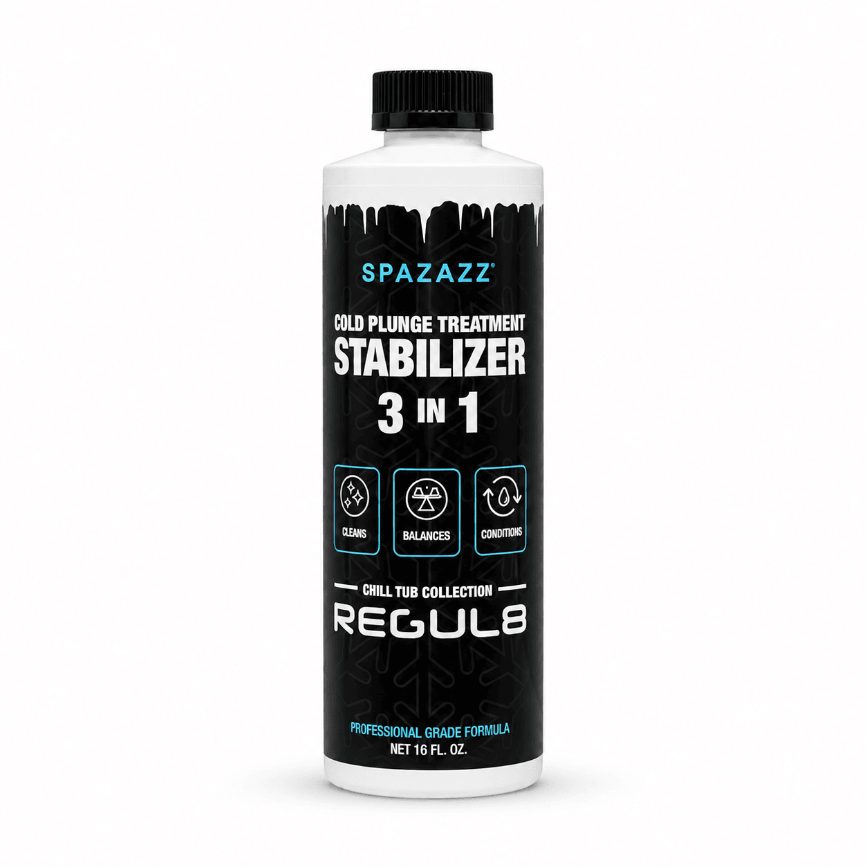 Spazazz REGUL8 Cold Plunge Water Stabilizer - 16 oz in a reference-based studio illustration