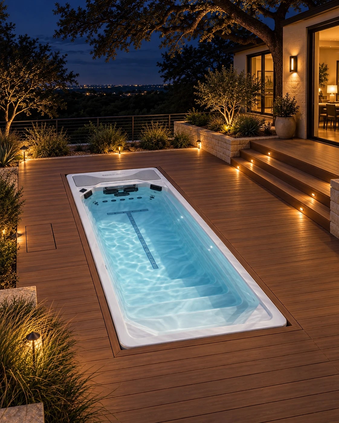Complete Platinum Spas Chronos mini pool recessed into a purpose-built cedar deck in a Texas backyard at night