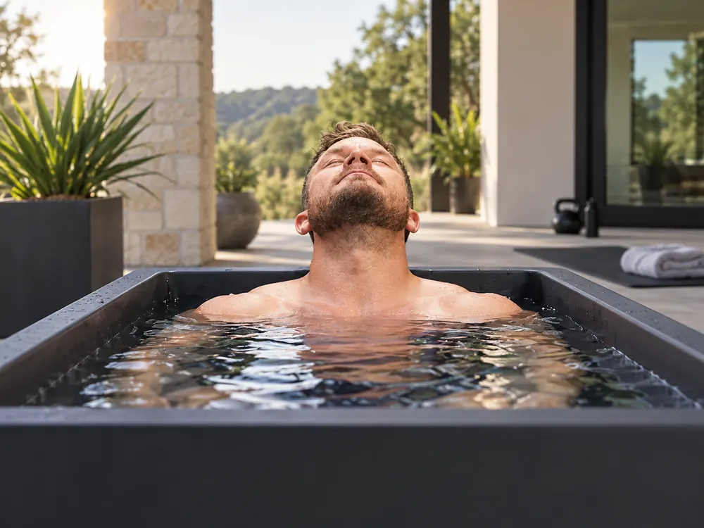 Illustration of an adult using a cold plunge in a home wellness setting