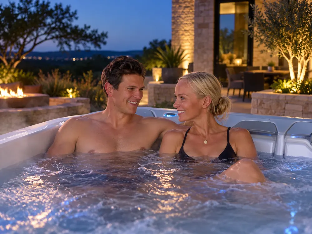 Illustration of two adults relaxing together in a hot tub at dusk
