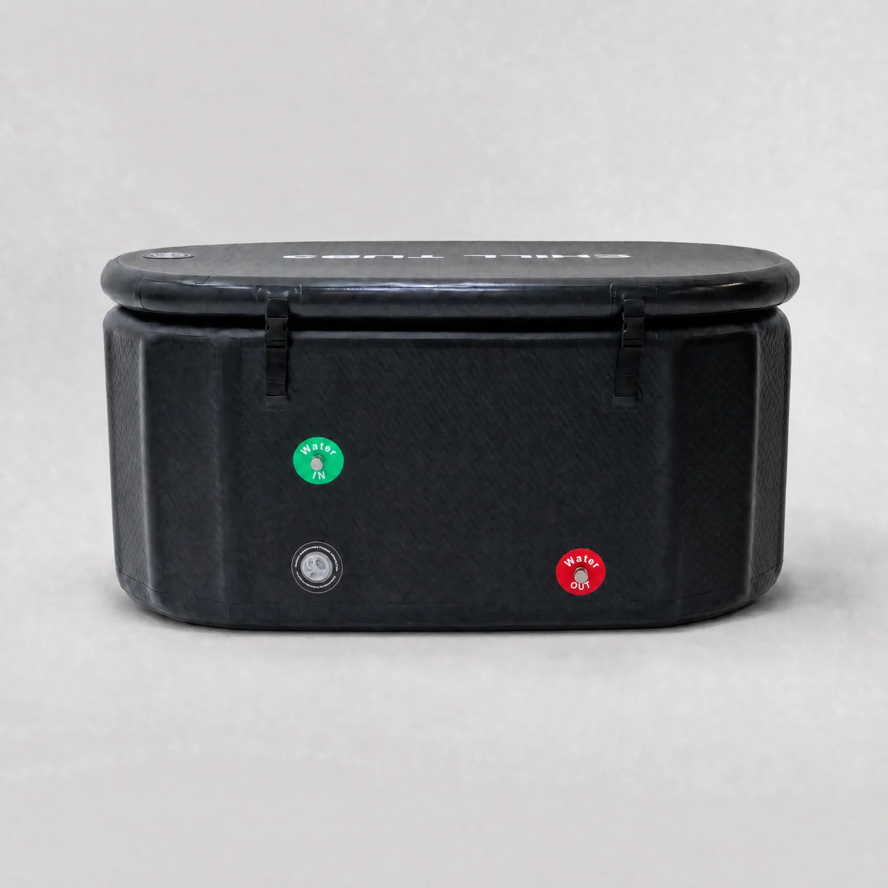 Rear of the Chill Tubs Essential Bath showing the water inlet, inflation valve and water outlet with its thermo lid secured.