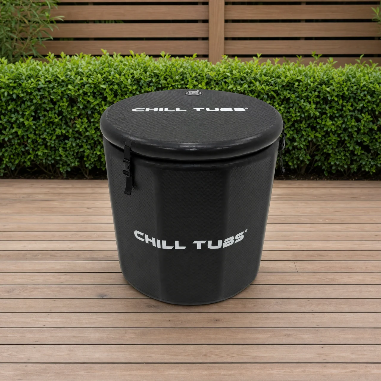 Chill Tubs Essential Pod with its thermo lid secured on a cedar garden deck.