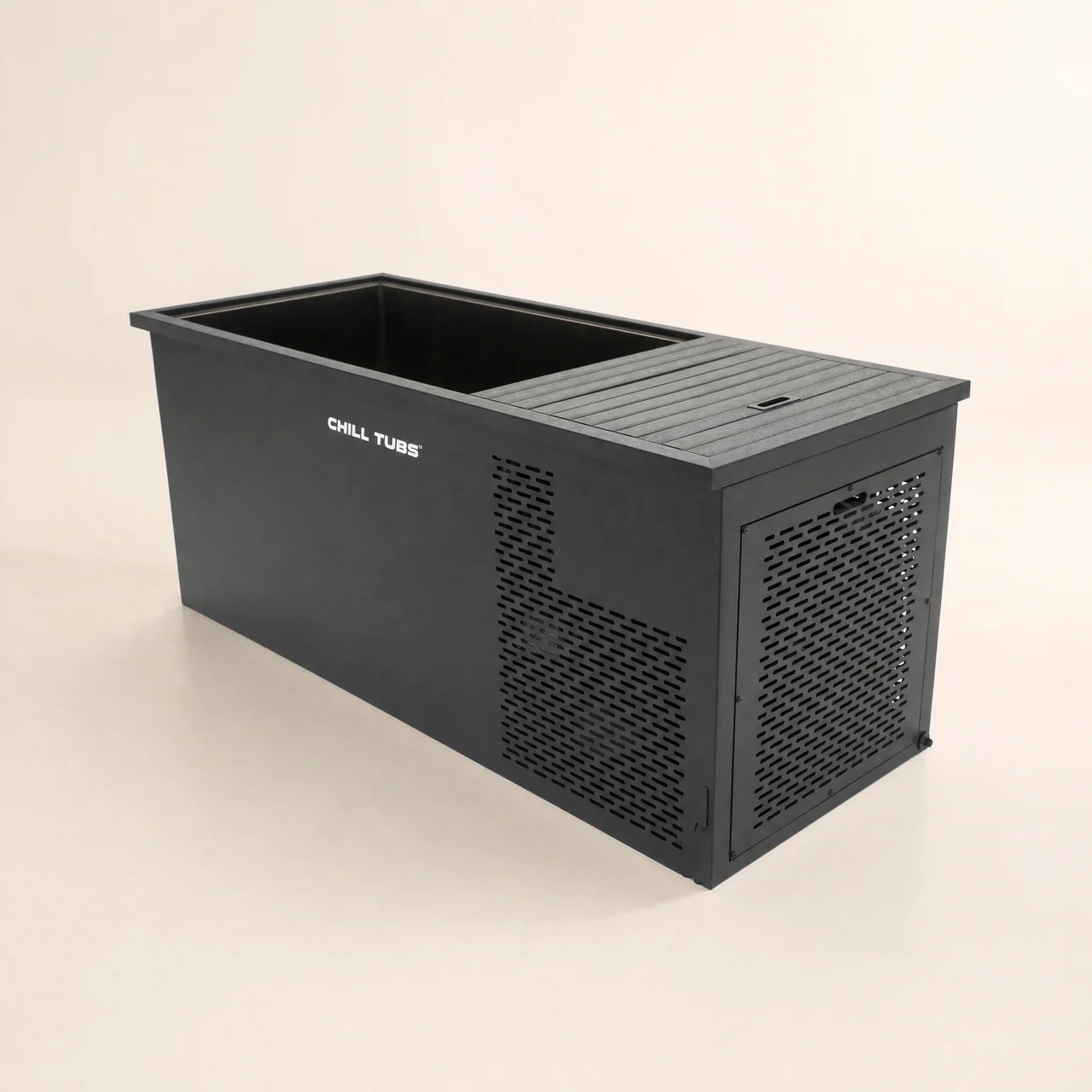 Chill Tubs Original cold plunge shown from the service-end three-quarter angle in a warm-white studio.