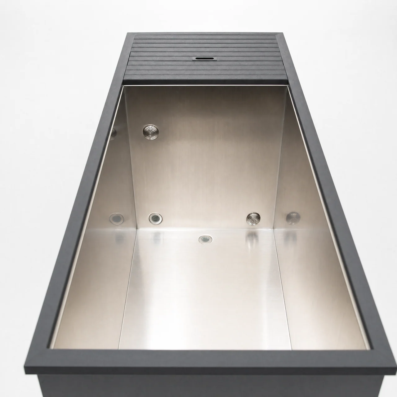 Chill Tubs Original stainless-steel interior showing the vessel fittings and service hatch.