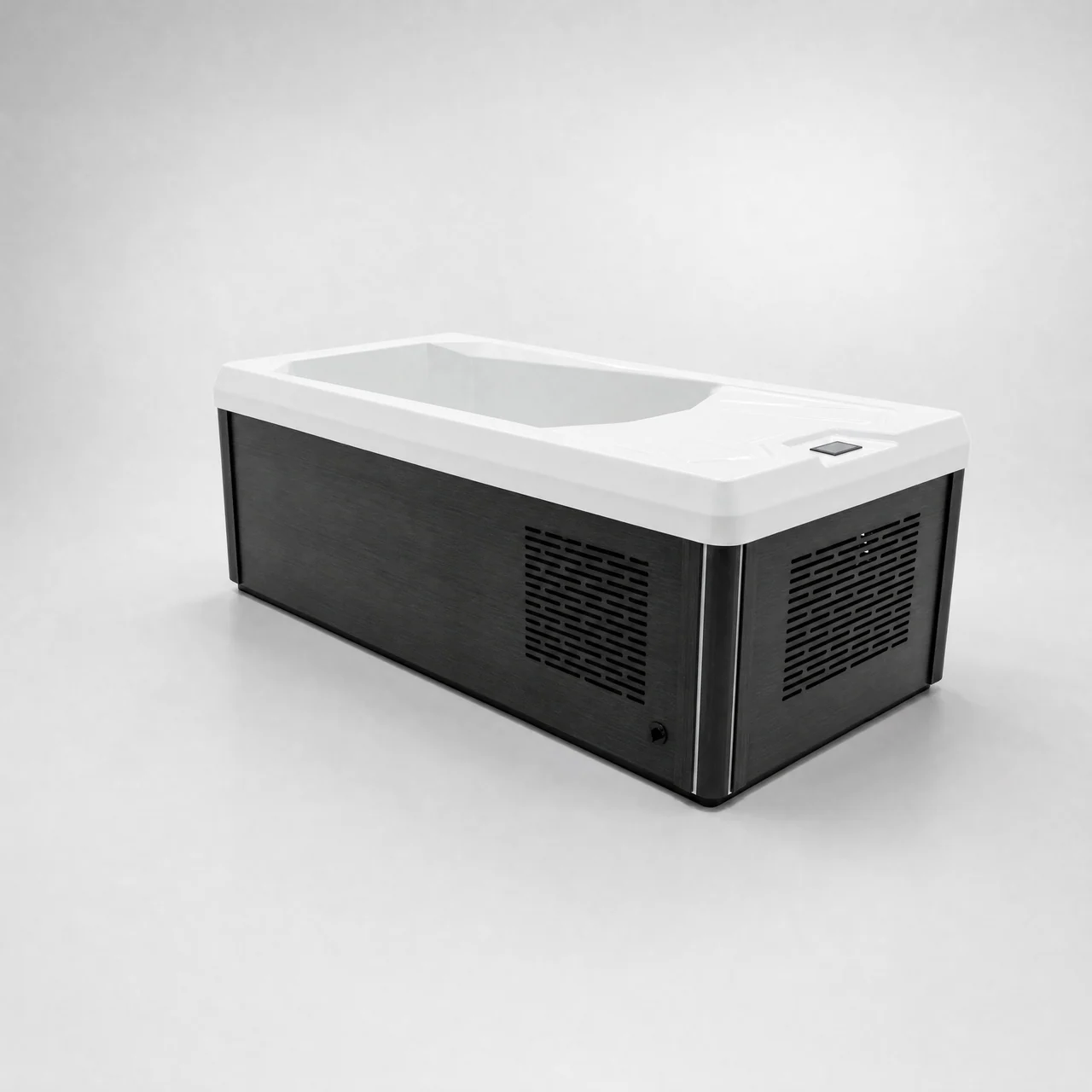 Chill Tubs Pro cold plunge shown from the service end in a neutral studio.