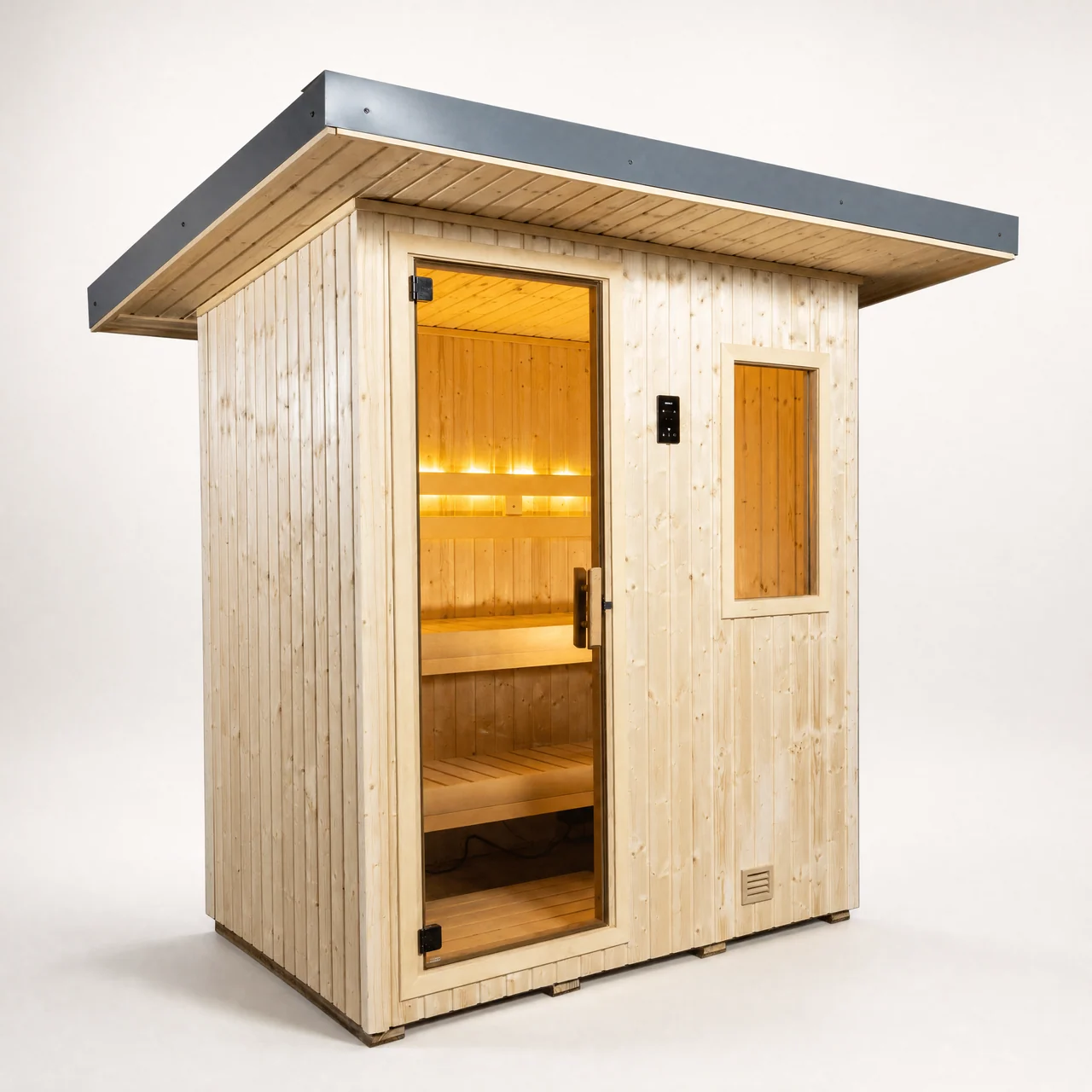 Finnleo NorthStar NSO-46 outdoor sauna shown from the front-left with its metal roof fascia and bronze glass door.