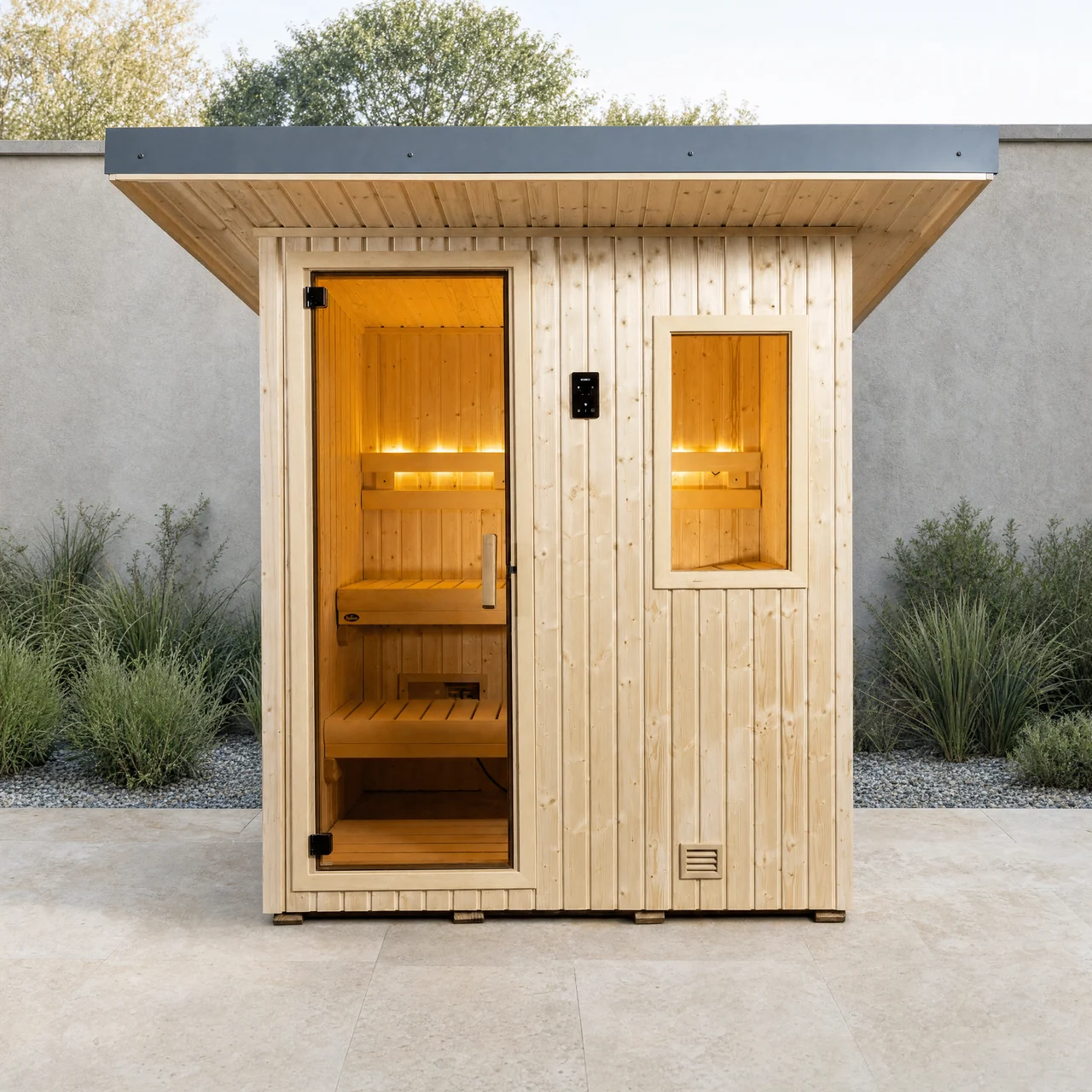 Finnleo NorthStar NSO-46 outdoor sauna shown from the front on a stone courtyard with its door, sidelight and two bench levels visible.