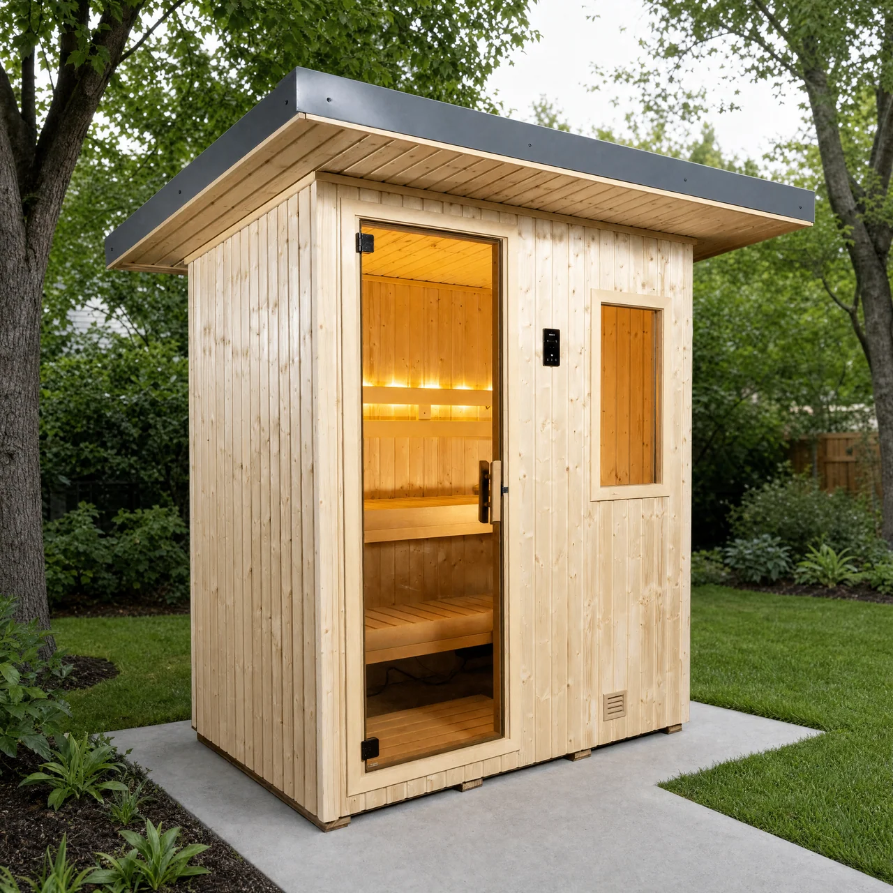 Finnleo NorthStar NSO-46 outdoor sauna shown from the front-left on a concrete garden pad with its full side wall and roof overhang visible.